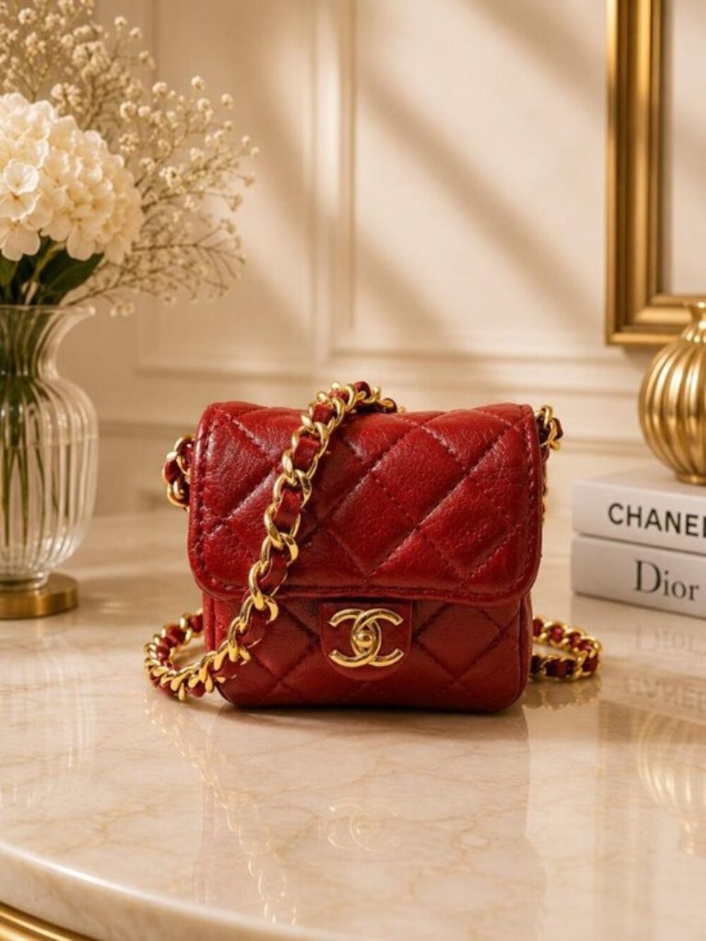 Authentic Chanel Mini Classic Flap Coin Purse Red Quilted Lambskin Chain Bag